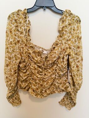 Yellow Gold Floral Ruffle Puff sleeve Peasant Top